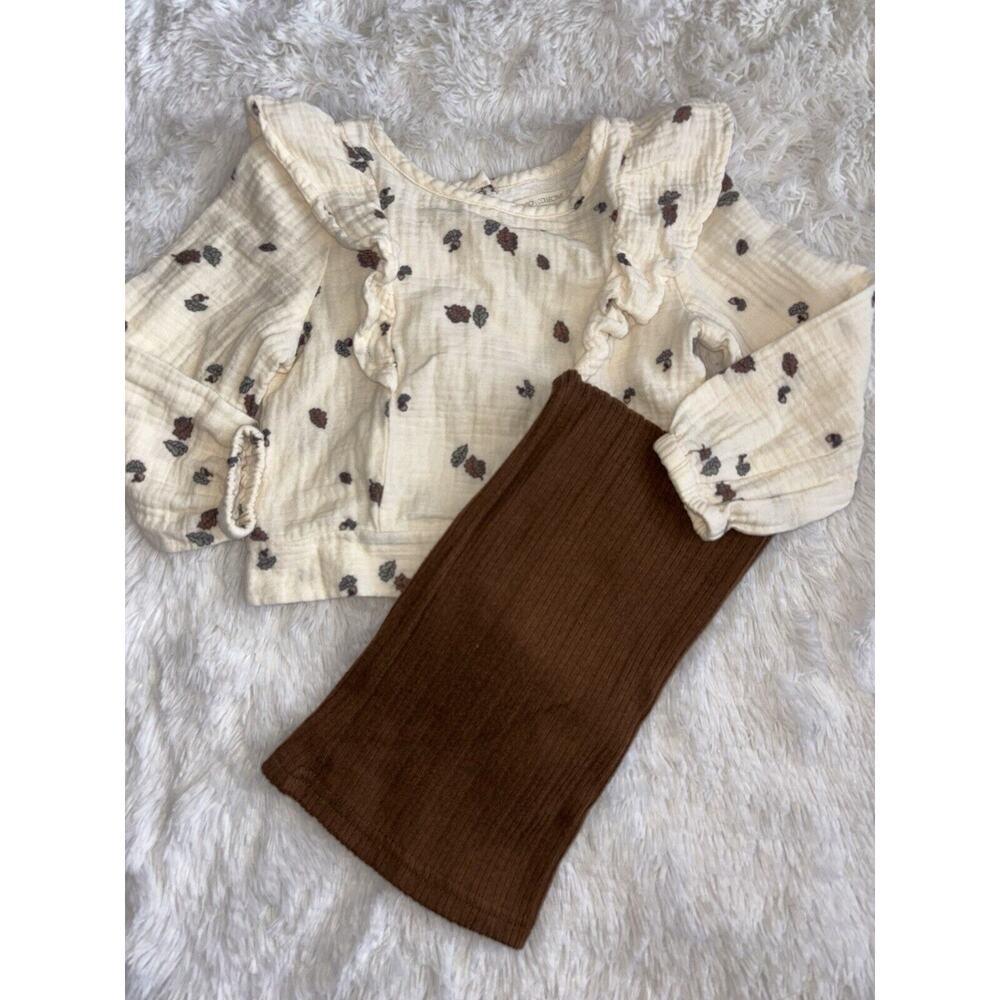 Cream Floral Ruffle Top and Brown Ribbed Legging Kids Matching Set